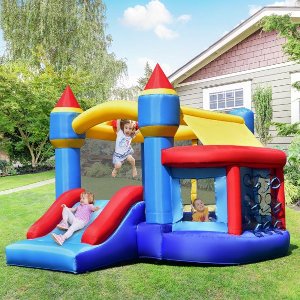 SUGIFT Kid Inflatable Bounce House, Castle Slide Inflatable Bounce House with Ball Pit and Basketball Hoop