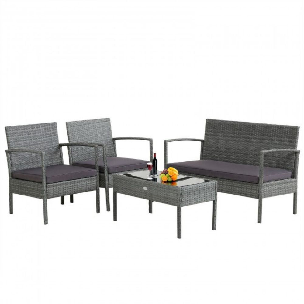 4-Pieces Rattan Outdoor Conversation Set with Purple Cushion