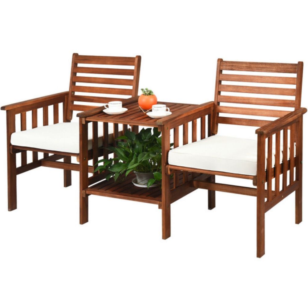 3-Piece Outdoor Wood Patio Conversation Set Acacia Wood Chair Coffee Table with White Cushions