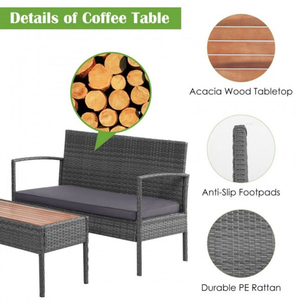 4-Piece Rattan Patio Conversation Furniture Set with Acacia Wood Tabletop and Gray Cushions