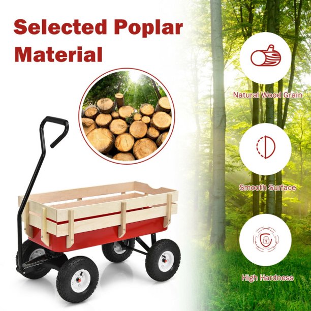 SUGIFT Outdoor Wagon Pulling Children Kid Garden Cart with Wood Railing