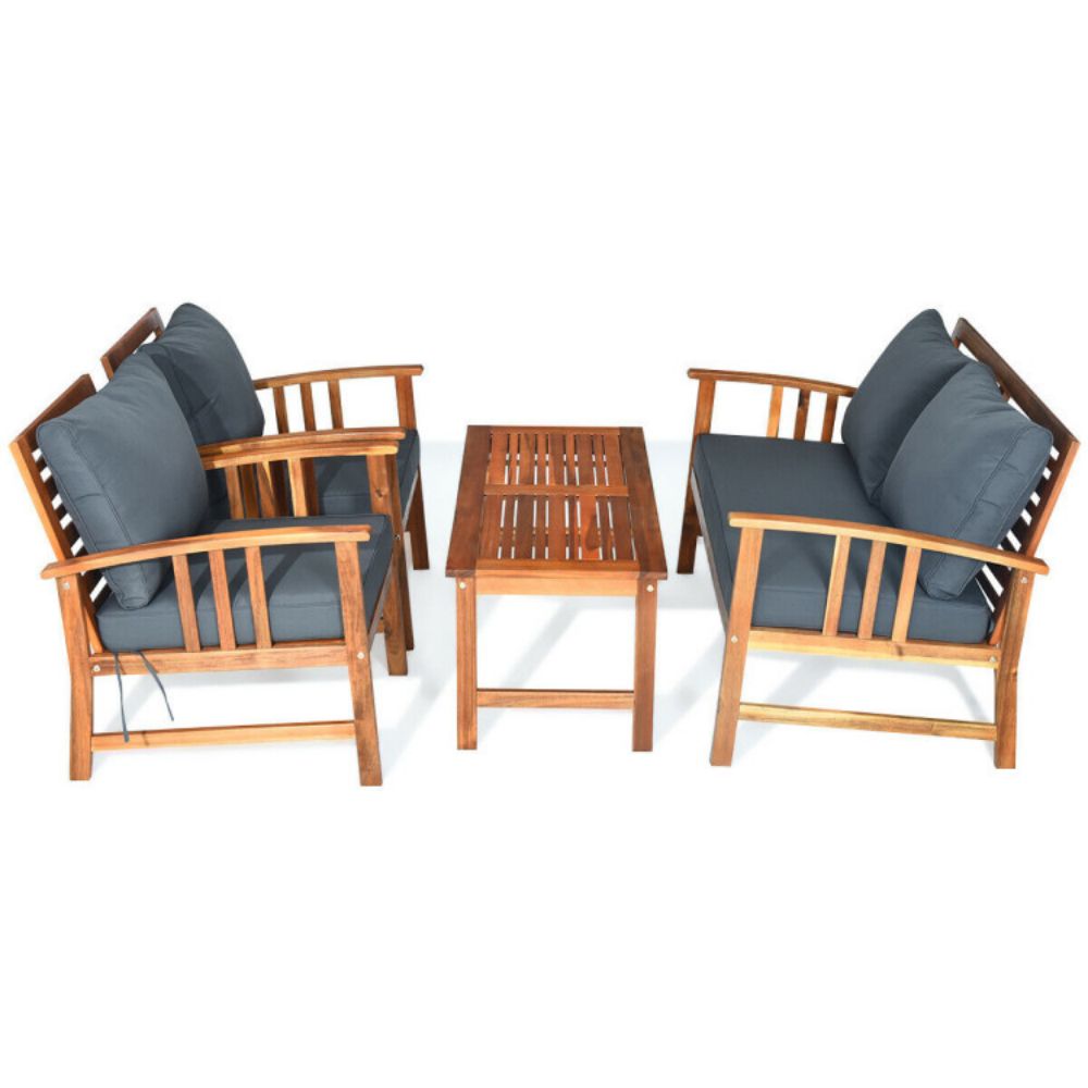 4-Piece Acacia Wood Outdoor Patio Conversation Set with Gray Cushions