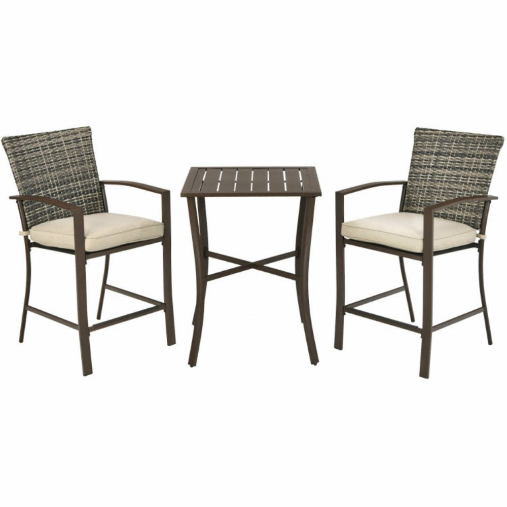 3-Pieces Rattan Patio Outdoor Conversation Furniture Set with Slat Table and Beige Cushions