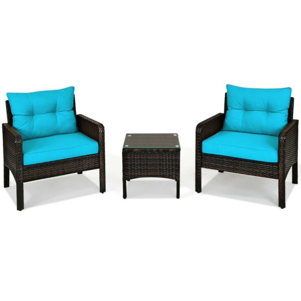 3-Pieces Outdoor Wicker Patio Conversation Furniture Set with Turquoise Cushion