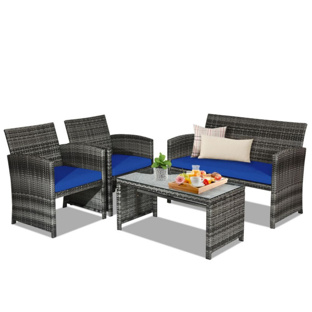 4-Piece Outdoor Wicker Conversation Furniture Set with Navy Cushions and Tempered Glass Table