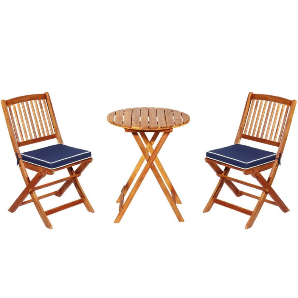 3-Piece Patio Folding Wooden Outdoor Bistro Set with Blue Cushions