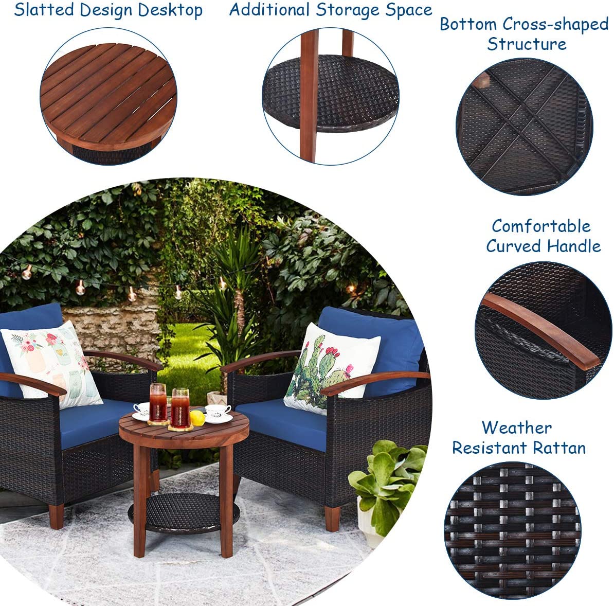 3-Pieces Outdoor Wicker Wooden Frame Patio Conversation Furniture Set with Blue Cushion