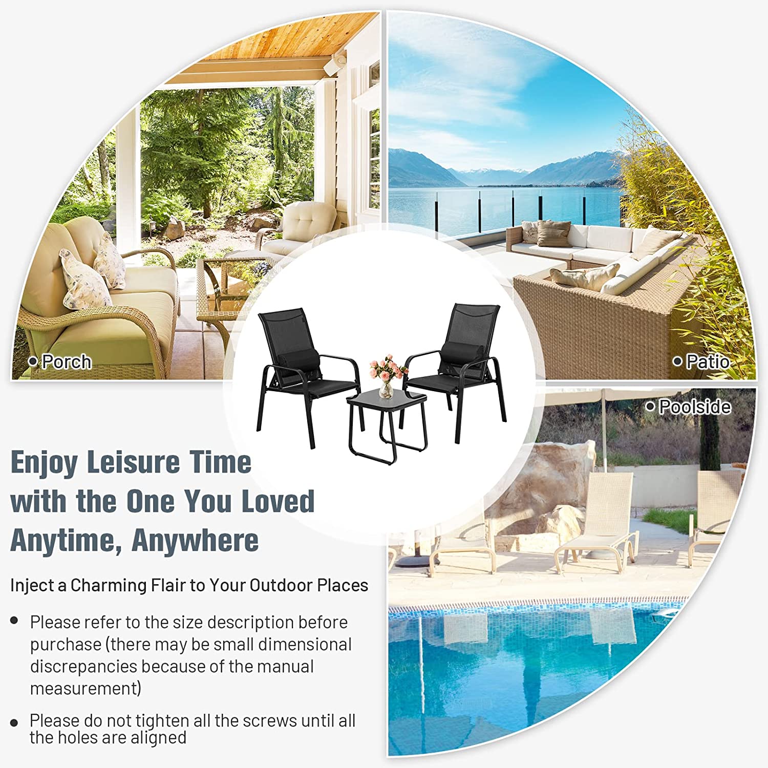 Black 3-Pieces Metal Stackable Outdoor Patio Bistro Conversation Set with Adjustable Backrest
