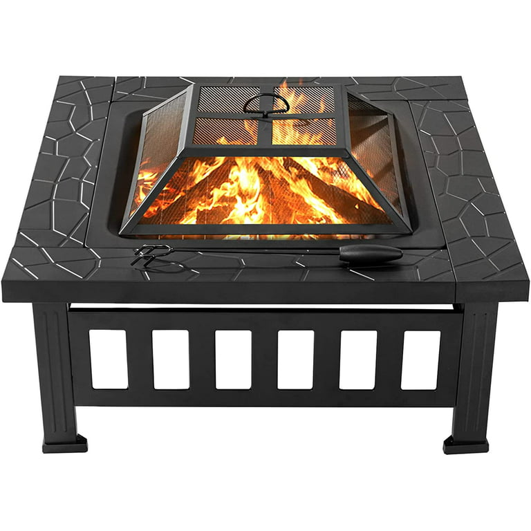 32 Inch Fire Pit Table for Outside Square Metal Firepit for Patio Backyard Garden