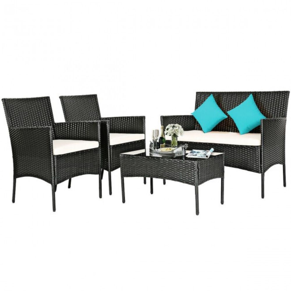 4-Piece Rattan Outdoor Conversation Seating Set with White Cushion and Patio Tempered Glass Table