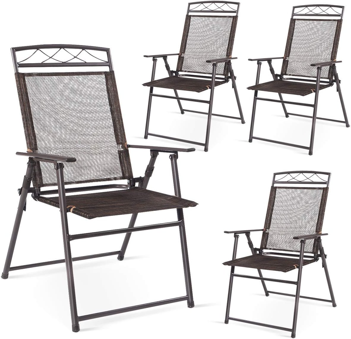 Brown Folding Metal Outdoor Dining Chairs with Steel Armrest (4-Pack)