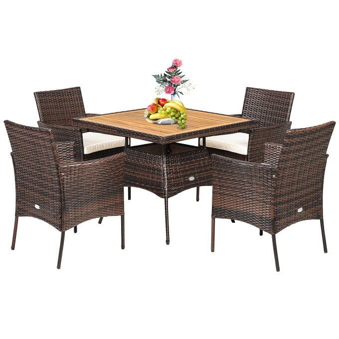 Brown 5-Piece Wicker Square Outdoor Dining Set with White Cushion and Arm Chair