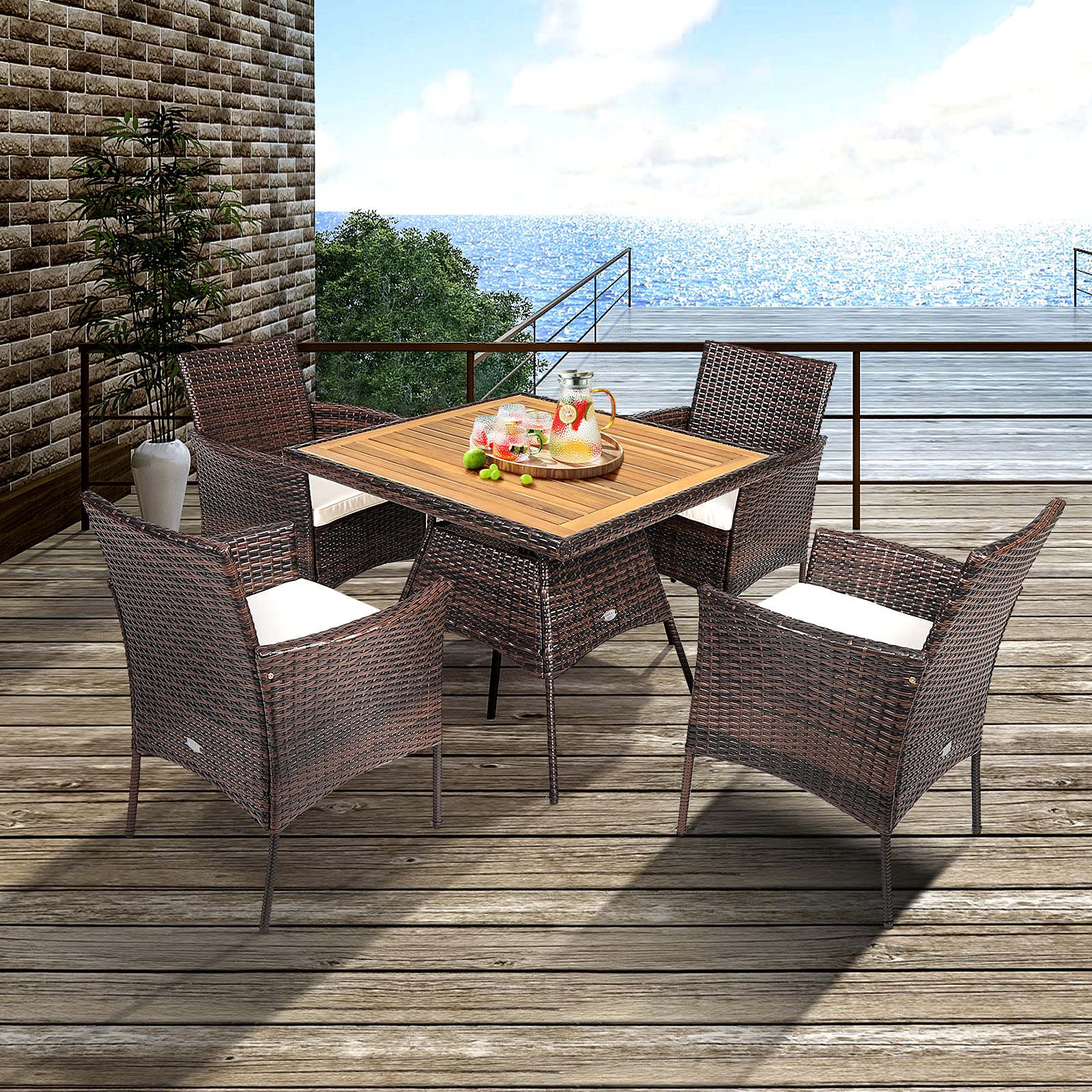 Brown 5-Piece Wicker Square Outdoor Dining Set with White Cushion and Arm Chair