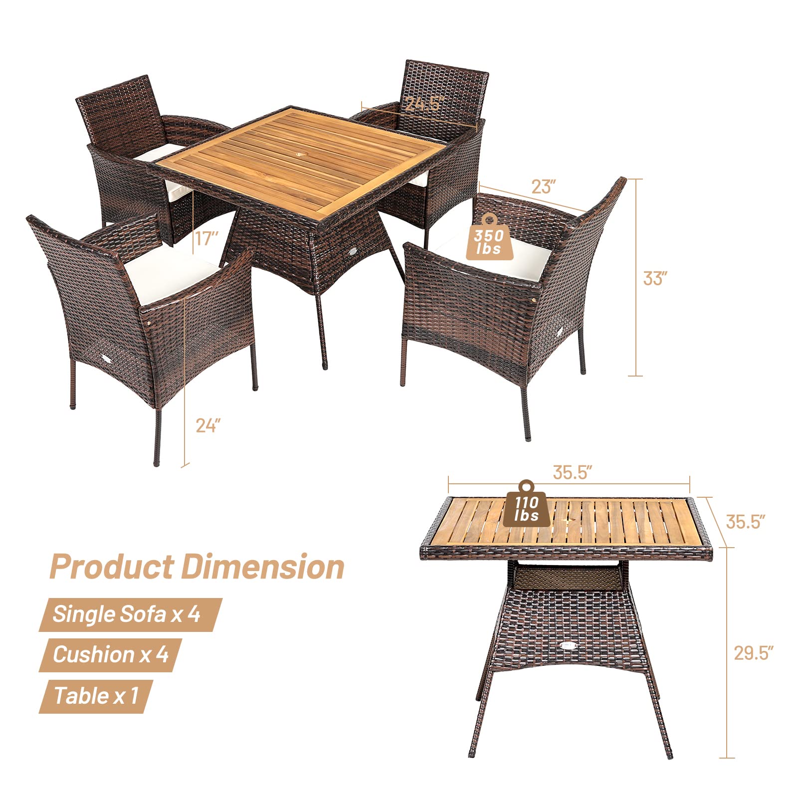 Brown 5-Piece Wicker Square Outdoor Dining Set with White Cushion and Arm Chair