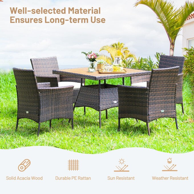 Brown 5-Piece Wicker Square Outdoor Dining Set with White Cushion and Arm Chair