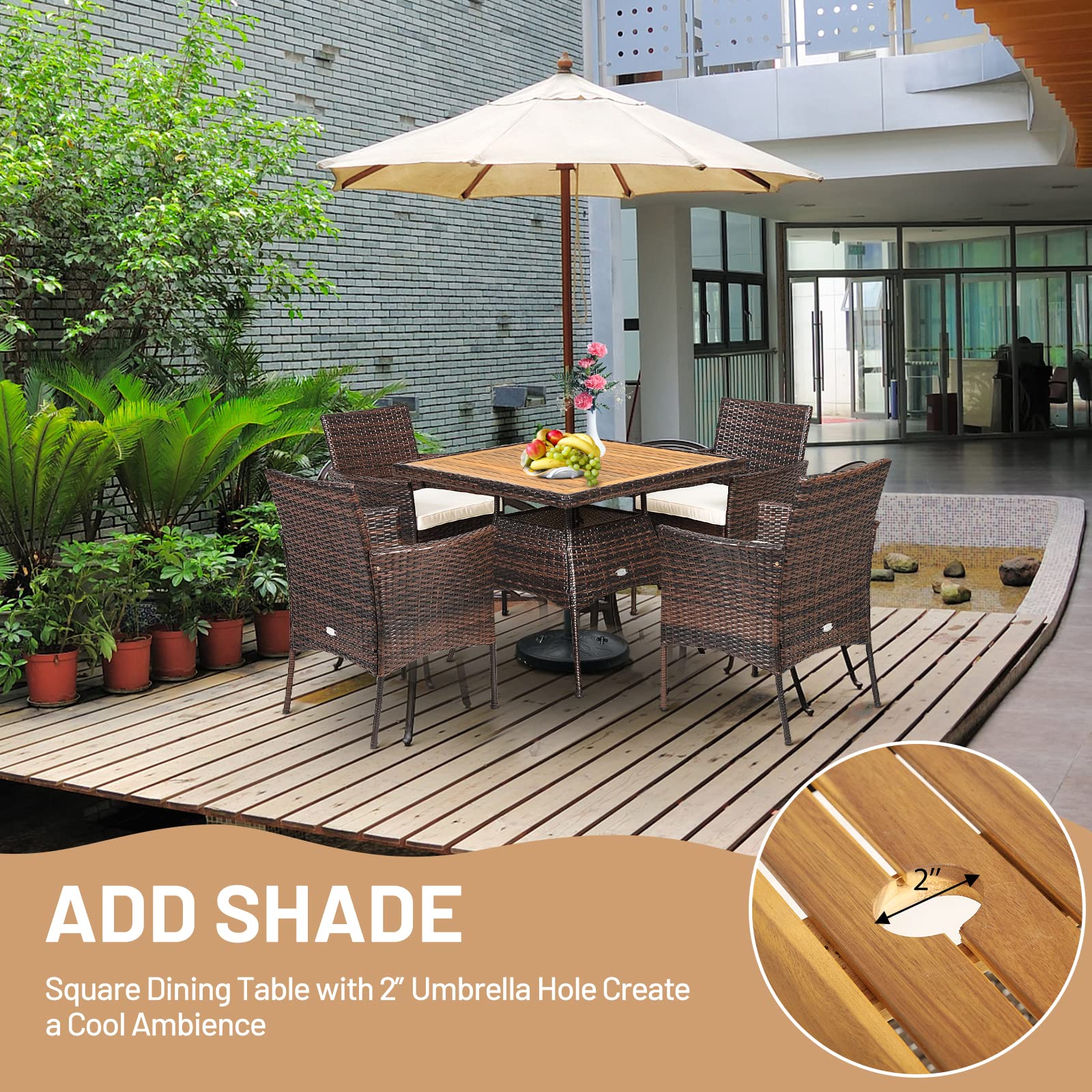Brown 5-Piece Wicker Square Outdoor Dining Set with White Cushion and Arm Chair