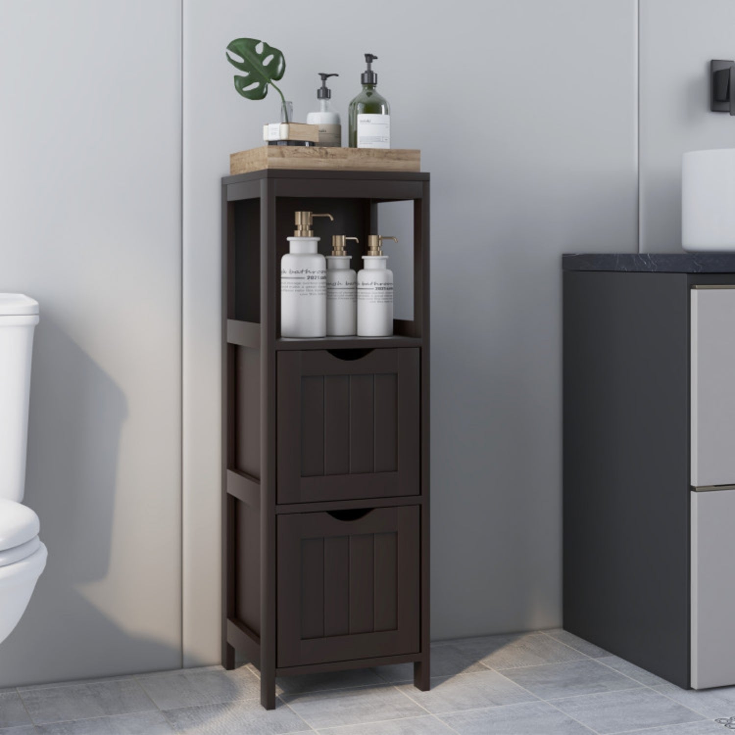 SUGIFT Wooden Bathroom Floor Cabinet with Removable Drawers, Brown