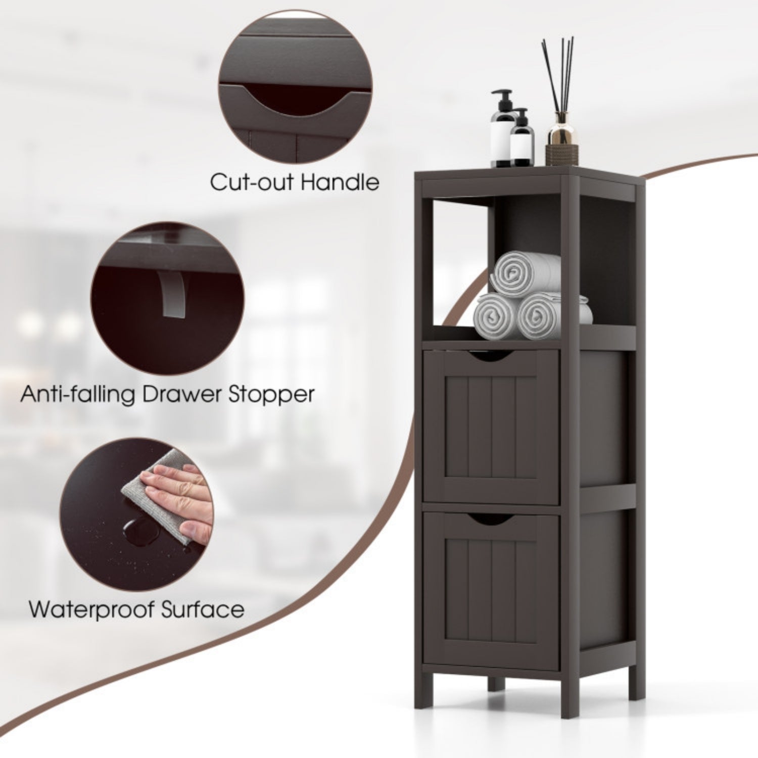 SUGIFT Wooden Bathroom Floor Cabinet with Removable Drawers, Brown