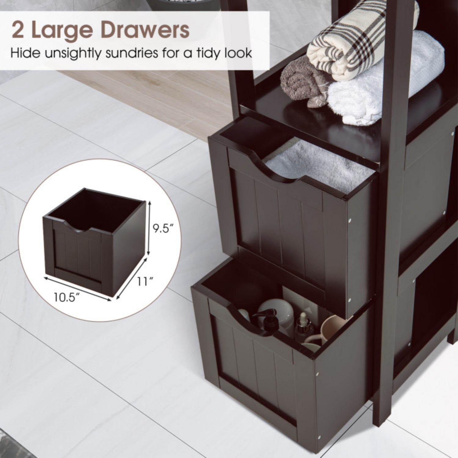SUGIFT Wooden Bathroom Floor Cabinet with Removable Drawers, Brown