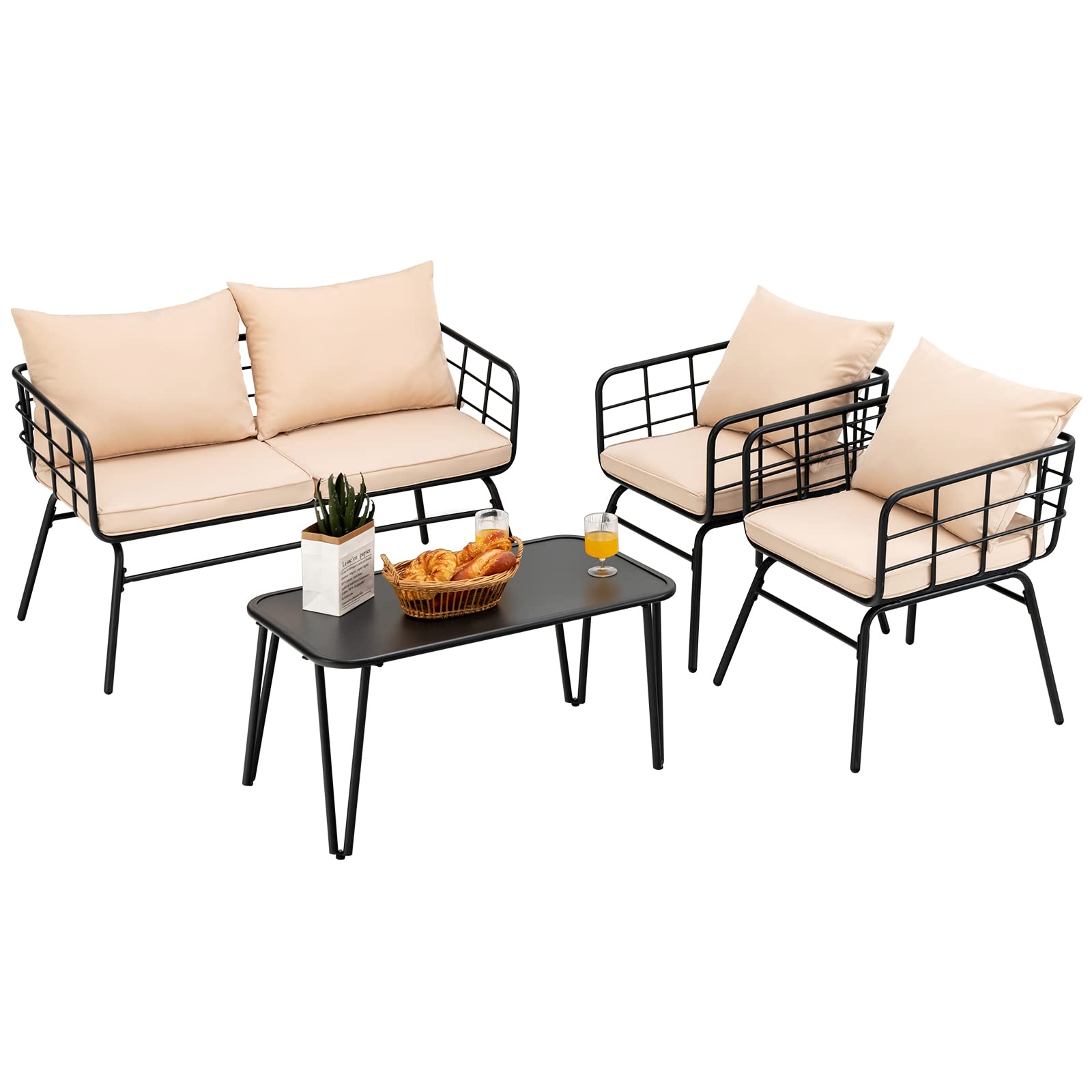 Black 4-Piece Steel Outdoor Patio Conversation Set with Beige Cushions and Coffee Table