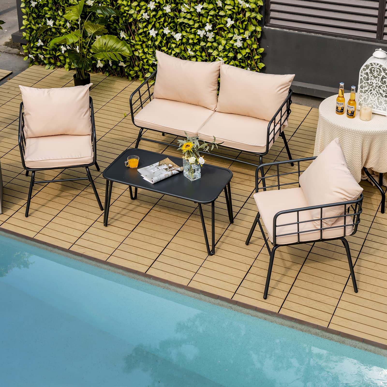Black 4-Piece Steel Outdoor Patio Conversation Set with Beige Cushions and Coffee Table