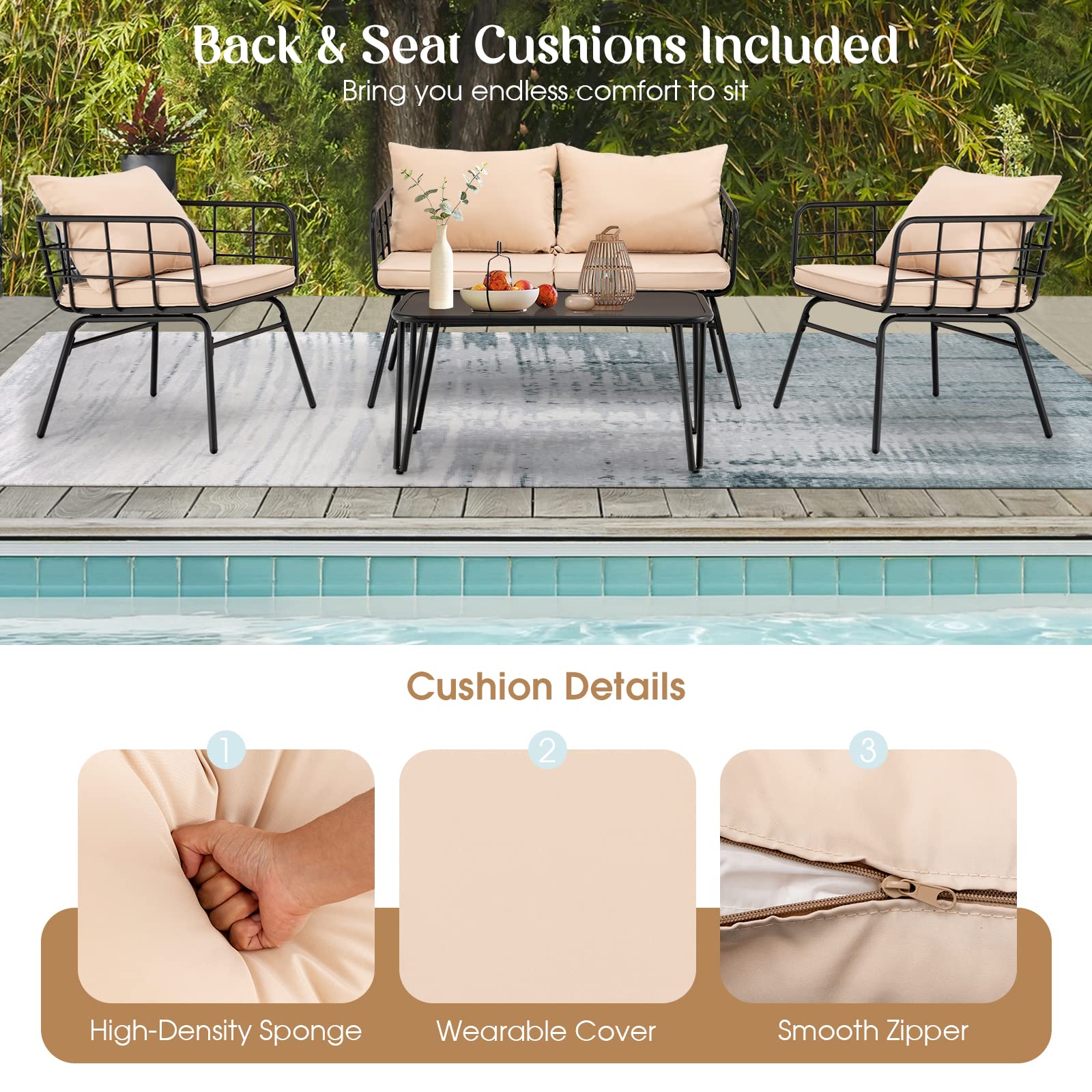 Black 4-Piece Steel Outdoor Patio Conversation Set with Beige Cushions and Coffee Table