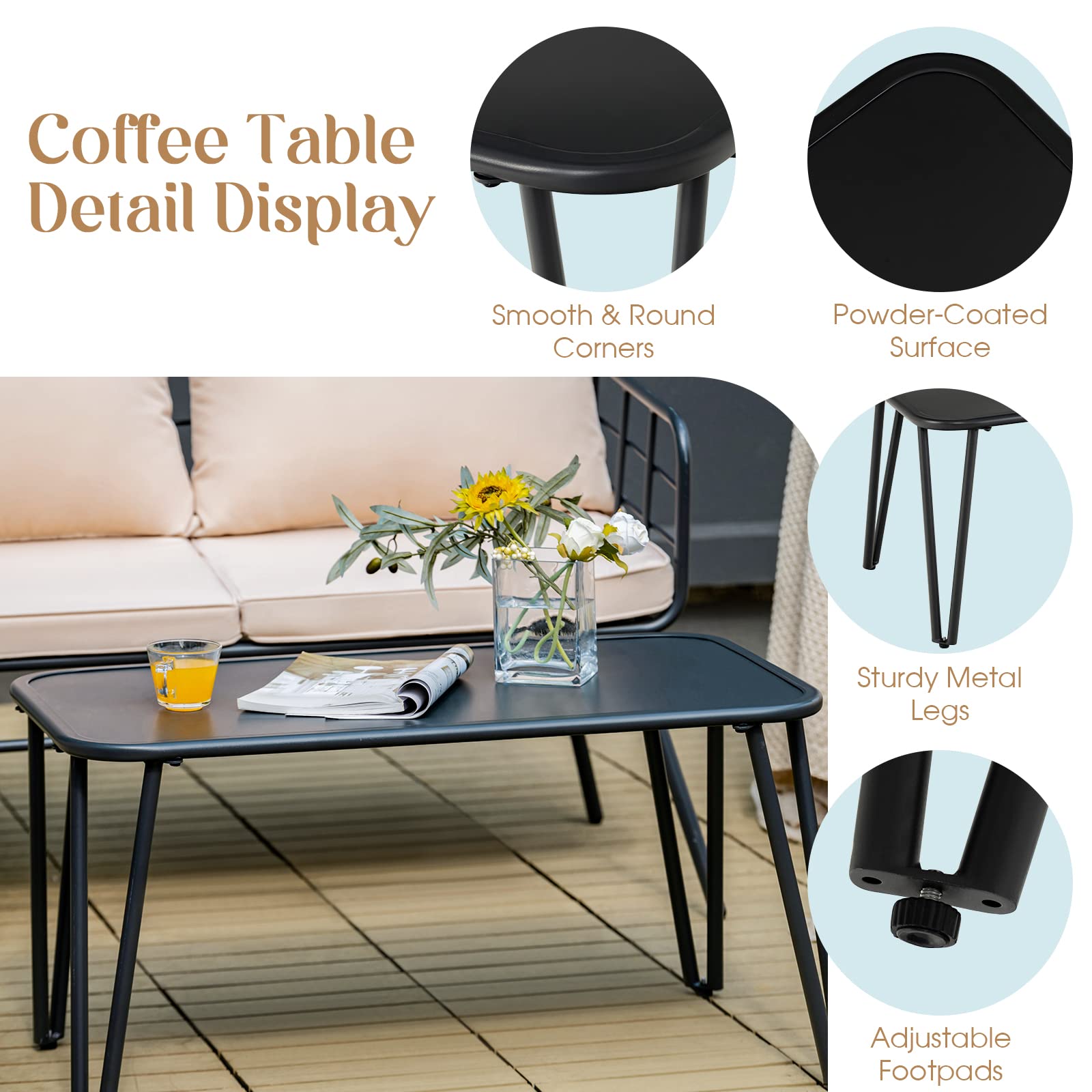 Black 4-Piece Steel Outdoor Patio Conversation Set with Beige Cushions and Coffee Table