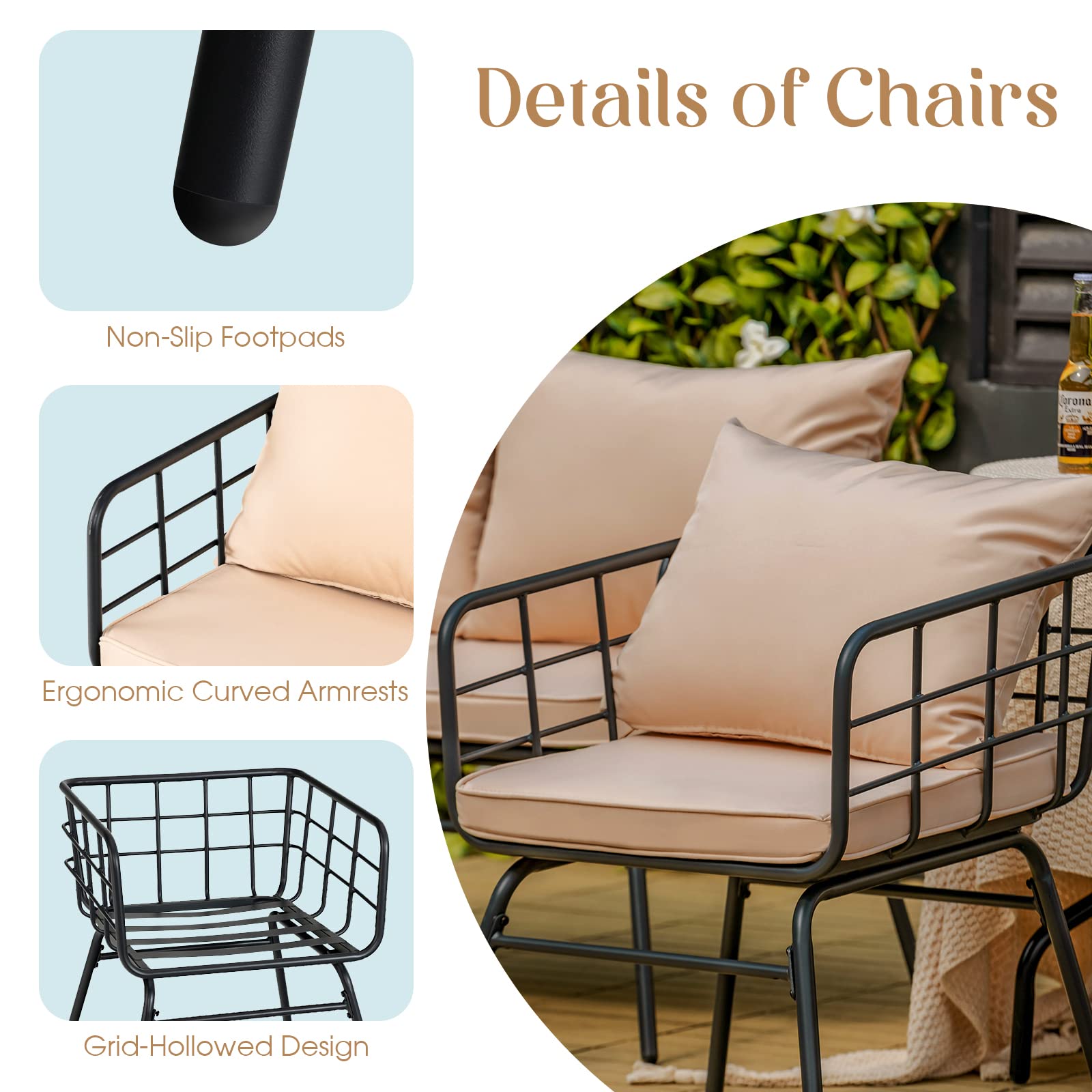 Black 4-Piece Steel Outdoor Patio Conversation Set with Beige Cushions and Coffee Table