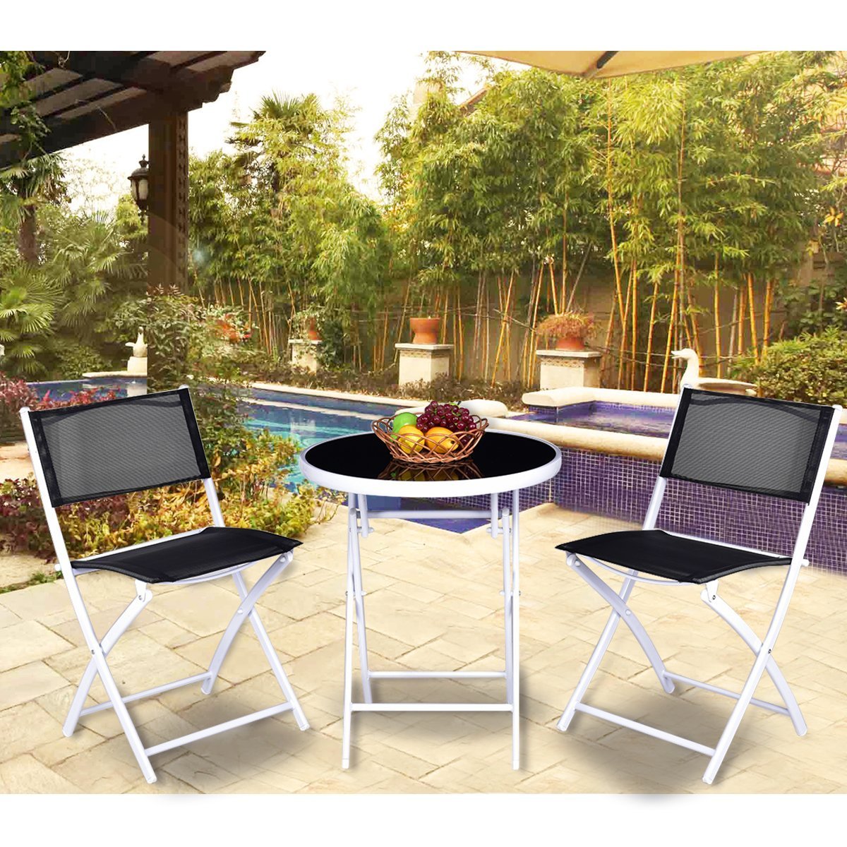3-Piece Folding Outdoor Patio Bistro Set in Black