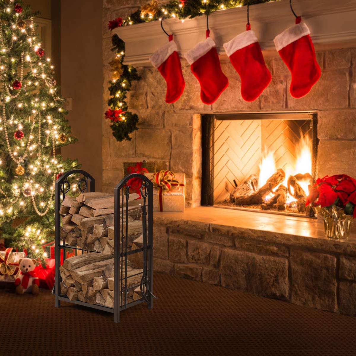 Black Fireplace Log Rack with 4-Pieces Fireplace Tool Set