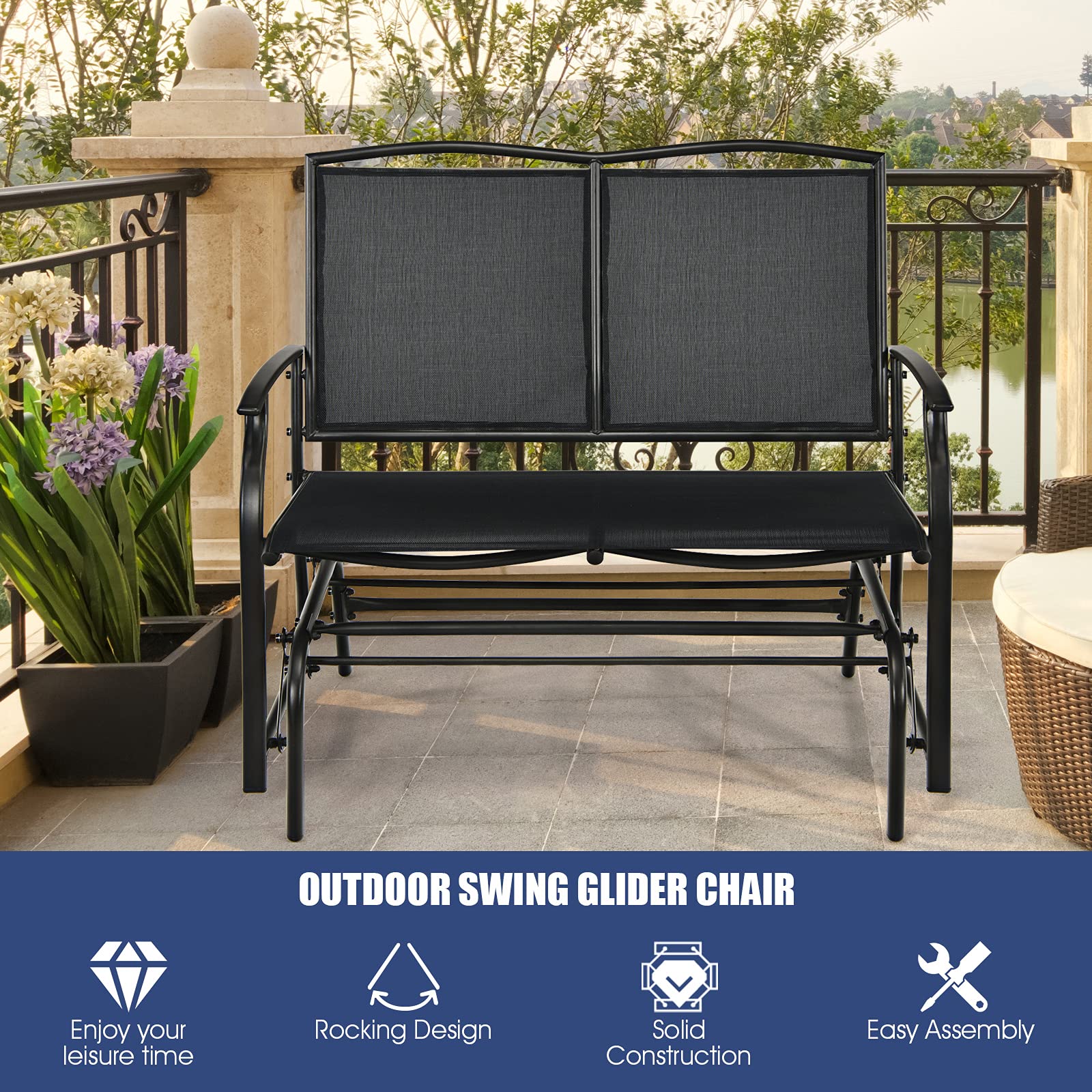 Black 2-Person Steel Outdoor Rocking Chair Patio Padded Sling Glider