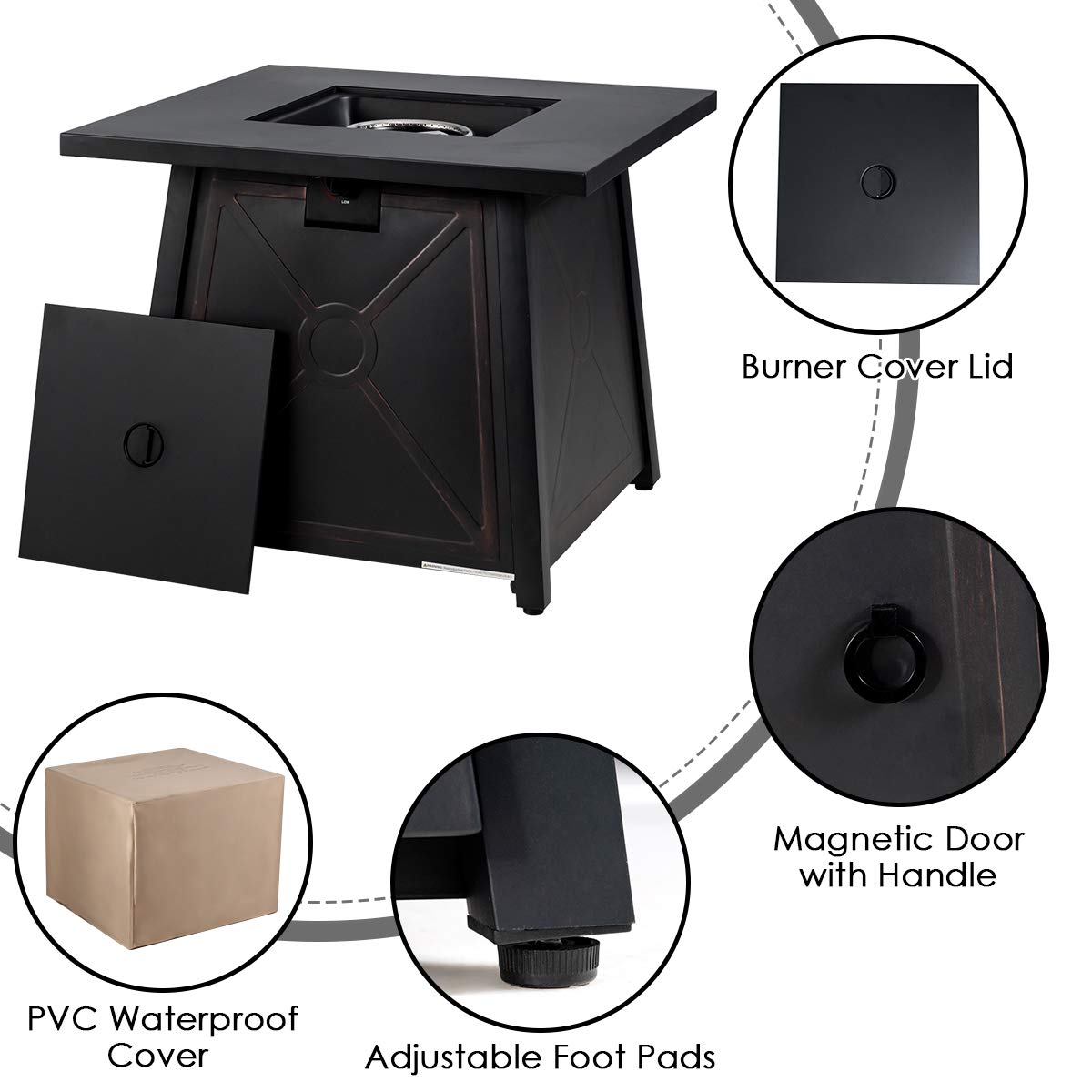 30 in. W x 25 in. H Black Steel 50,000 BTU Square Propane Gas Fire Pit Table