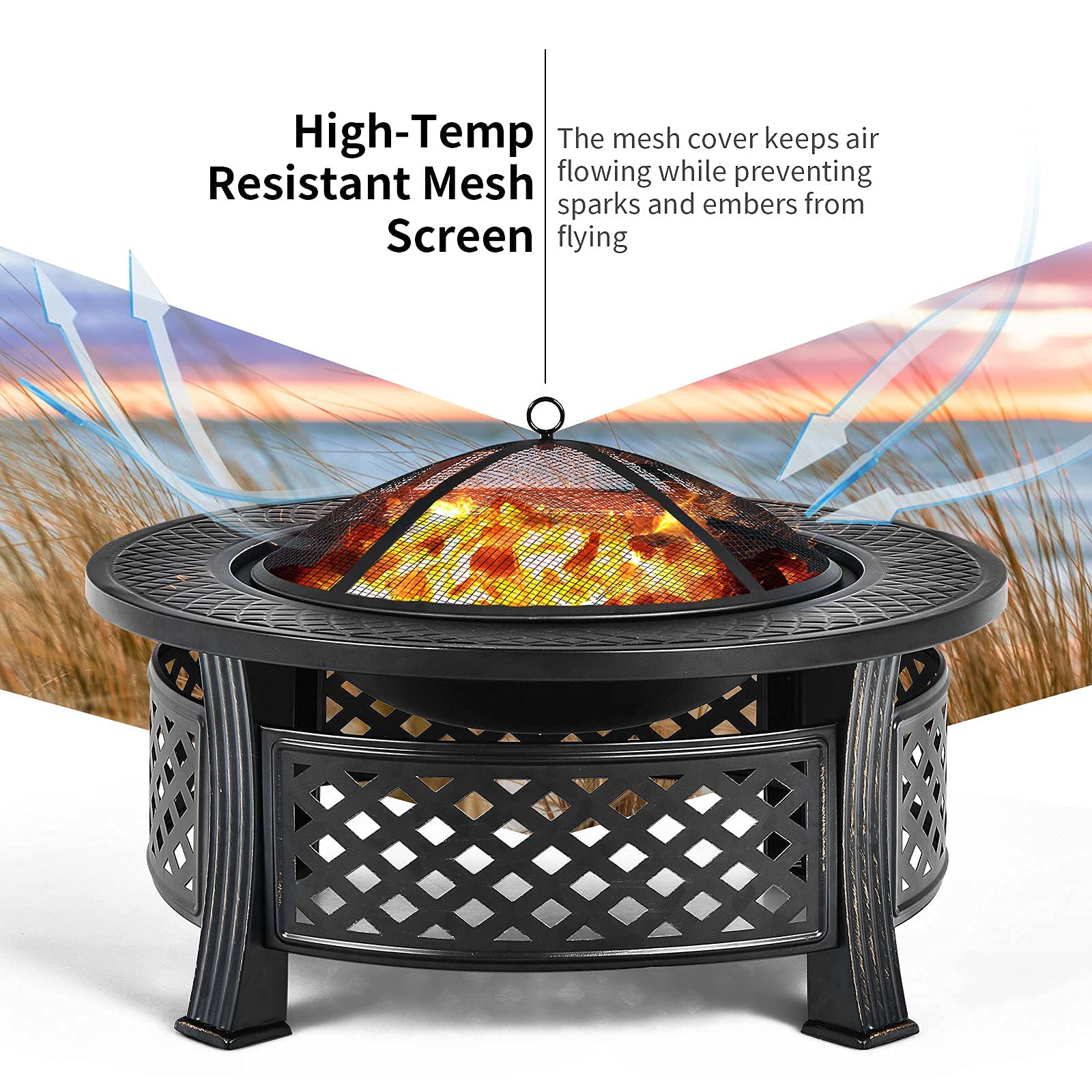 32 in. W x 19 in.H Round Outdoor Metal Wood Burning Fire Pit in Black with Poker and BBQ Grill
