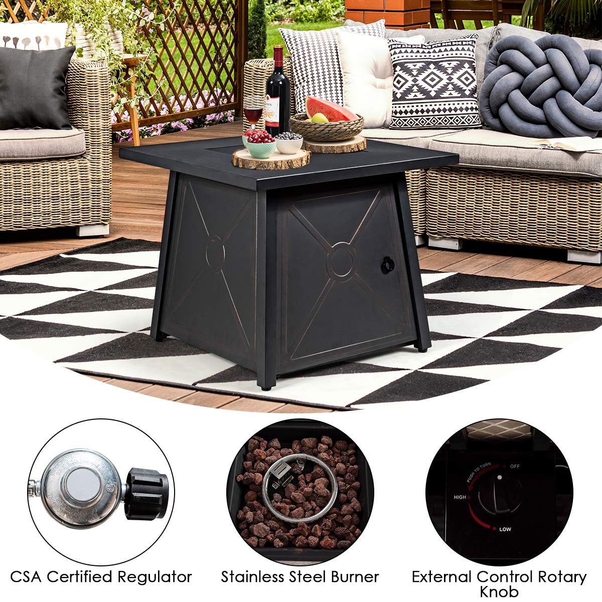 30 in. W x 25 in. H Black Steel 50,000 BTU Square Propane Gas Fire Pit Table