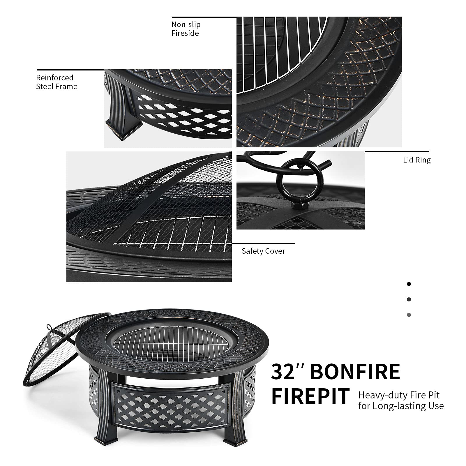 32 in. W x 19 in.H Round Outdoor Metal Wood Burning Fire Pit in Black with Poker and BBQ Grill
