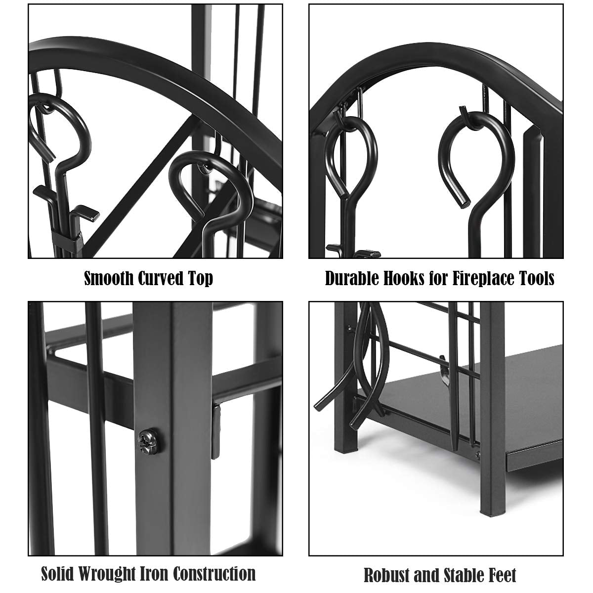 Black Fireplace Log Rack with 4-Pieces Fireplace Tool Set