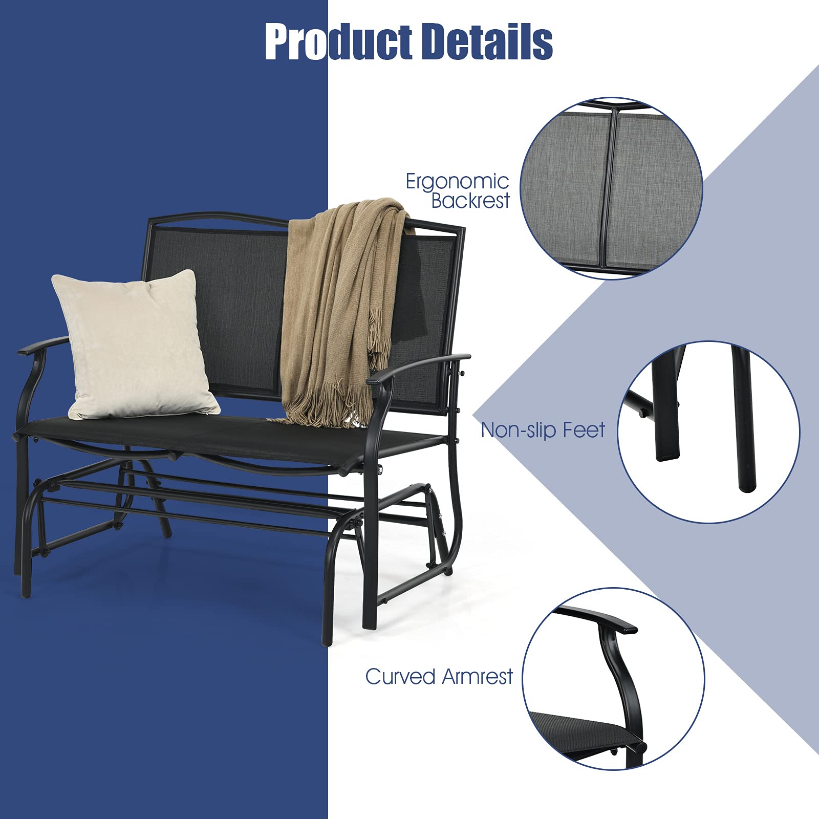 Black 2-Person Steel Outdoor Rocking Chair Patio Padded Sling Glider