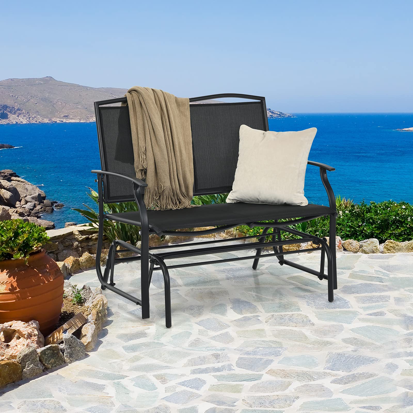 Black 2-Person Steel Outdoor Rocking Chair Patio Padded Sling Glider