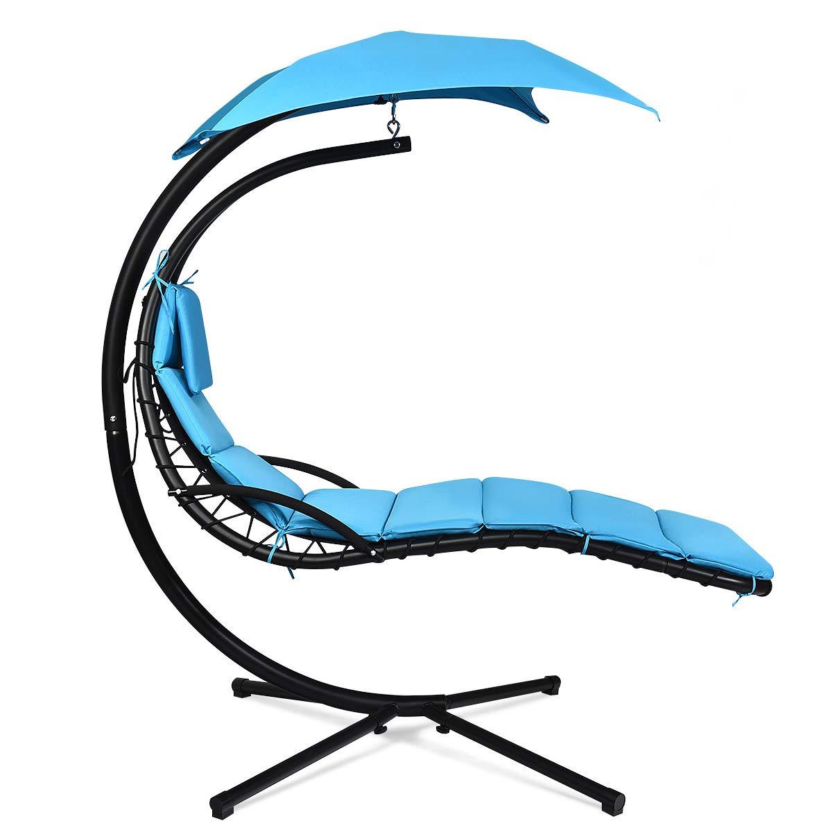 Metal Outdoor Floating Hanging Chaise Lounge Chair with Stand and Blue Cushion