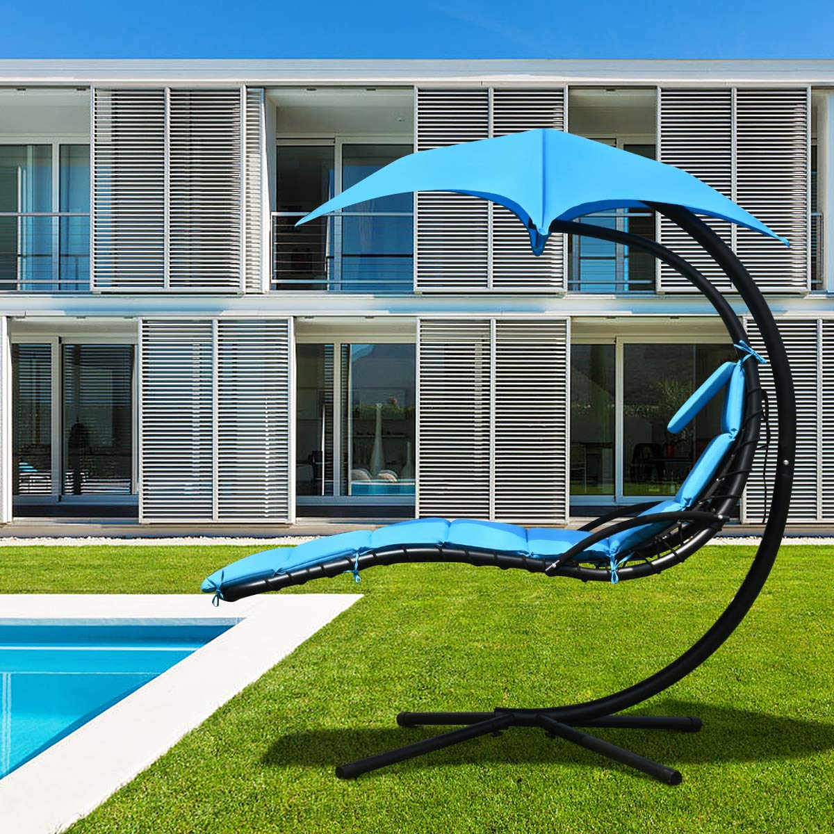 Metal Outdoor Floating Hanging Chaise Lounge Chair with Stand and Blue Cushion