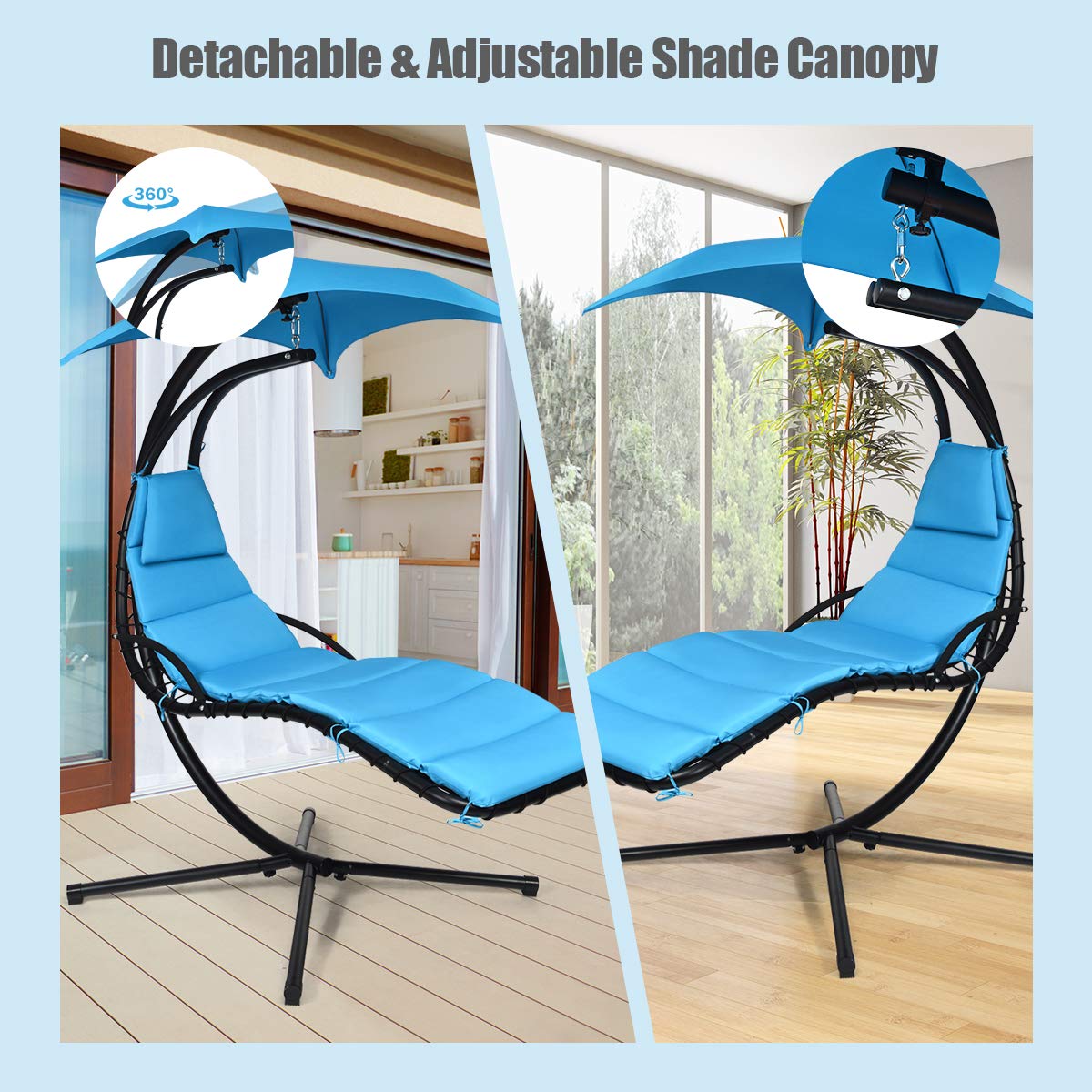 Metal Outdoor Floating Hanging Chaise Lounge Chair with Stand and Blue Cushion