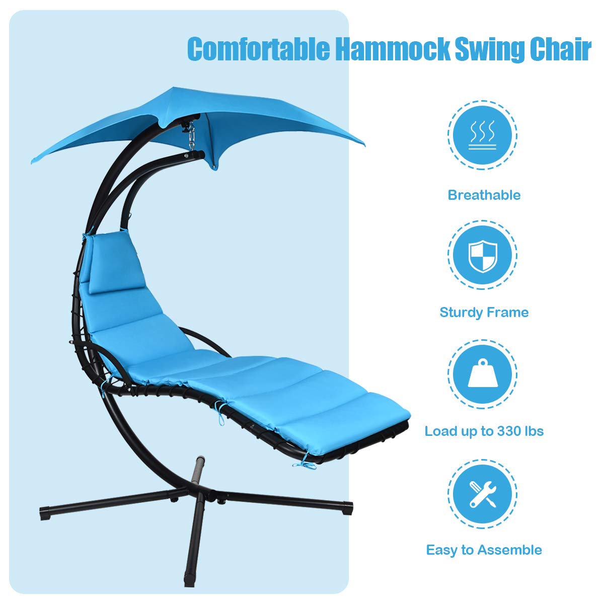Metal Outdoor Floating Hanging Chaise Lounge Chair with Stand and Blue Cushion