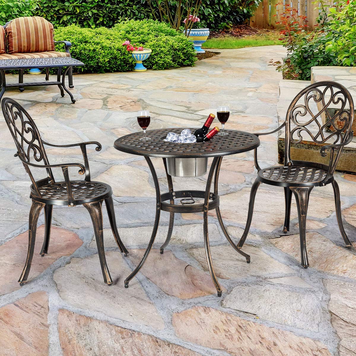 3-Piece Metal Outdoor Patio Bistro Set with Attached Removable Ice Bucket