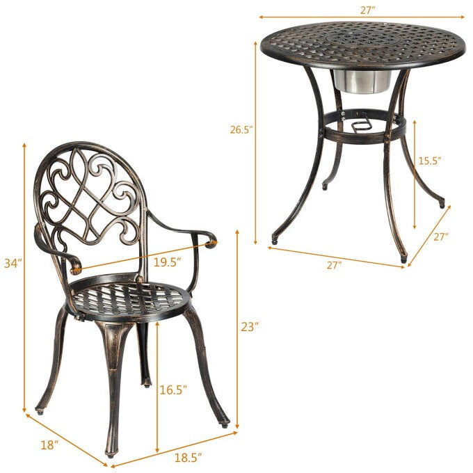 3-Piece Metal Outdoor Patio Bistro Set with Attached Removable Ice Bucket