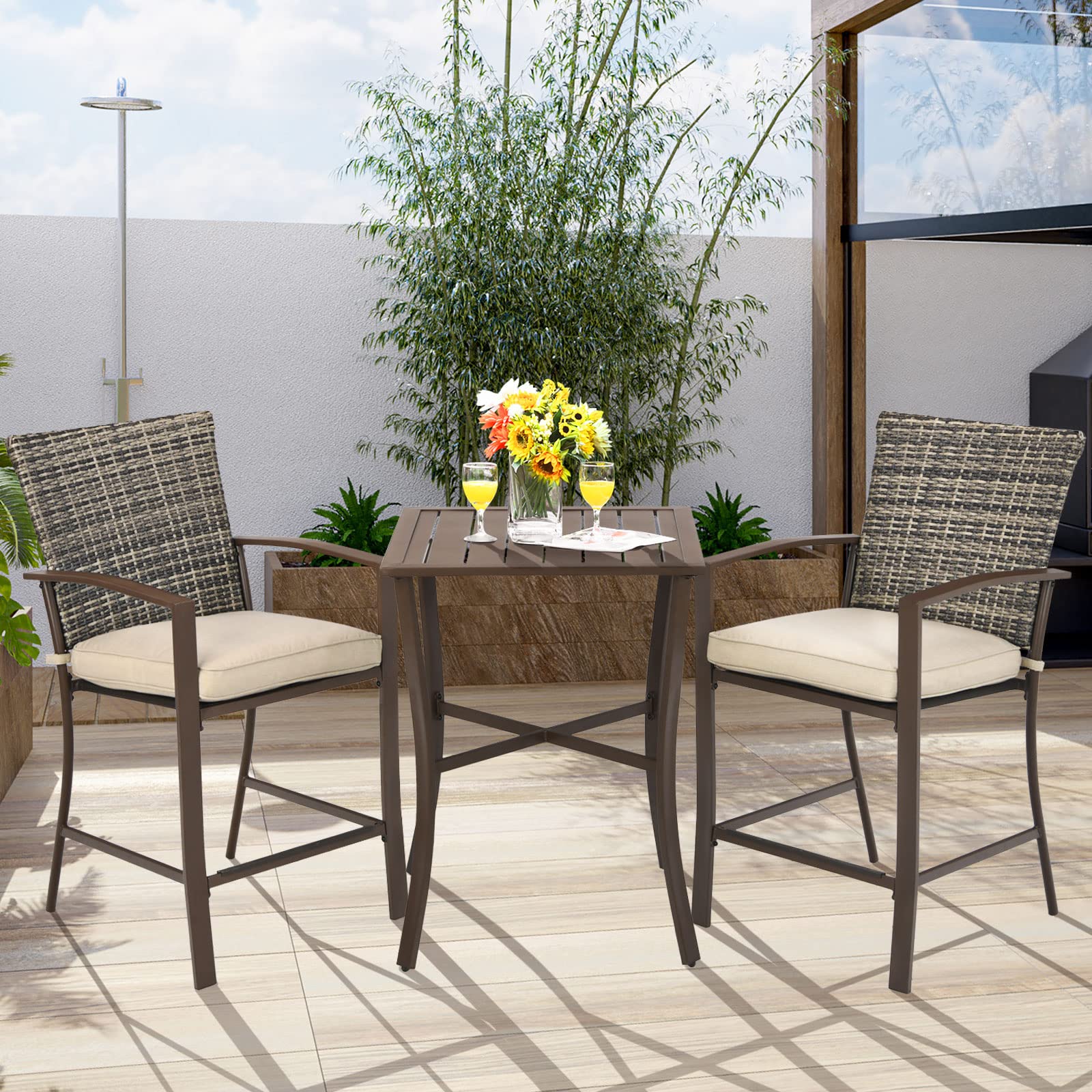 3-Piece Brown Frame Wicker Outdoor Bistro Set with Beige Cushions