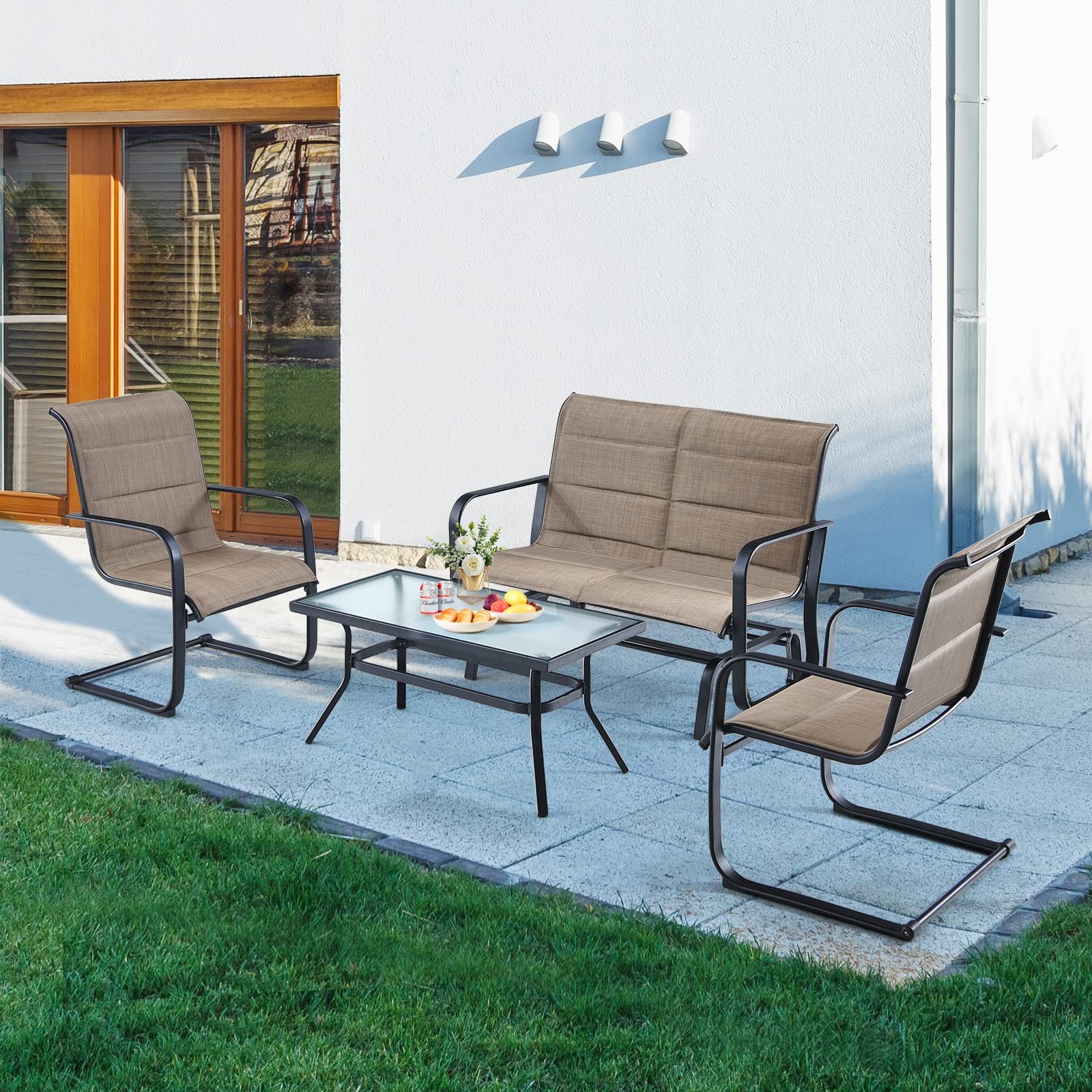 Brown 4-Piece Metal Outdoor Patio Conversation Set with Padded Glider Loveseat and Coffee Table