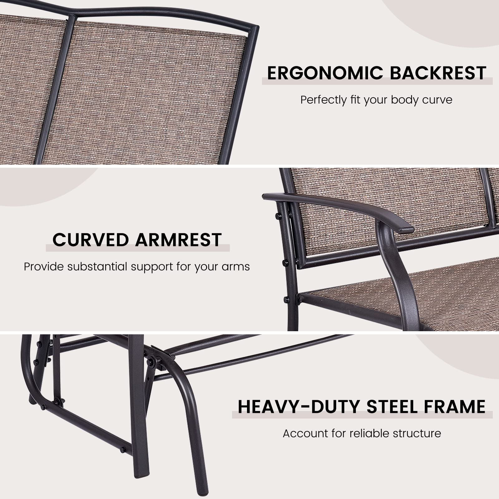 Brown 2-Person Steel Outdoor Rocking Chair Patio Padded Sling Glider