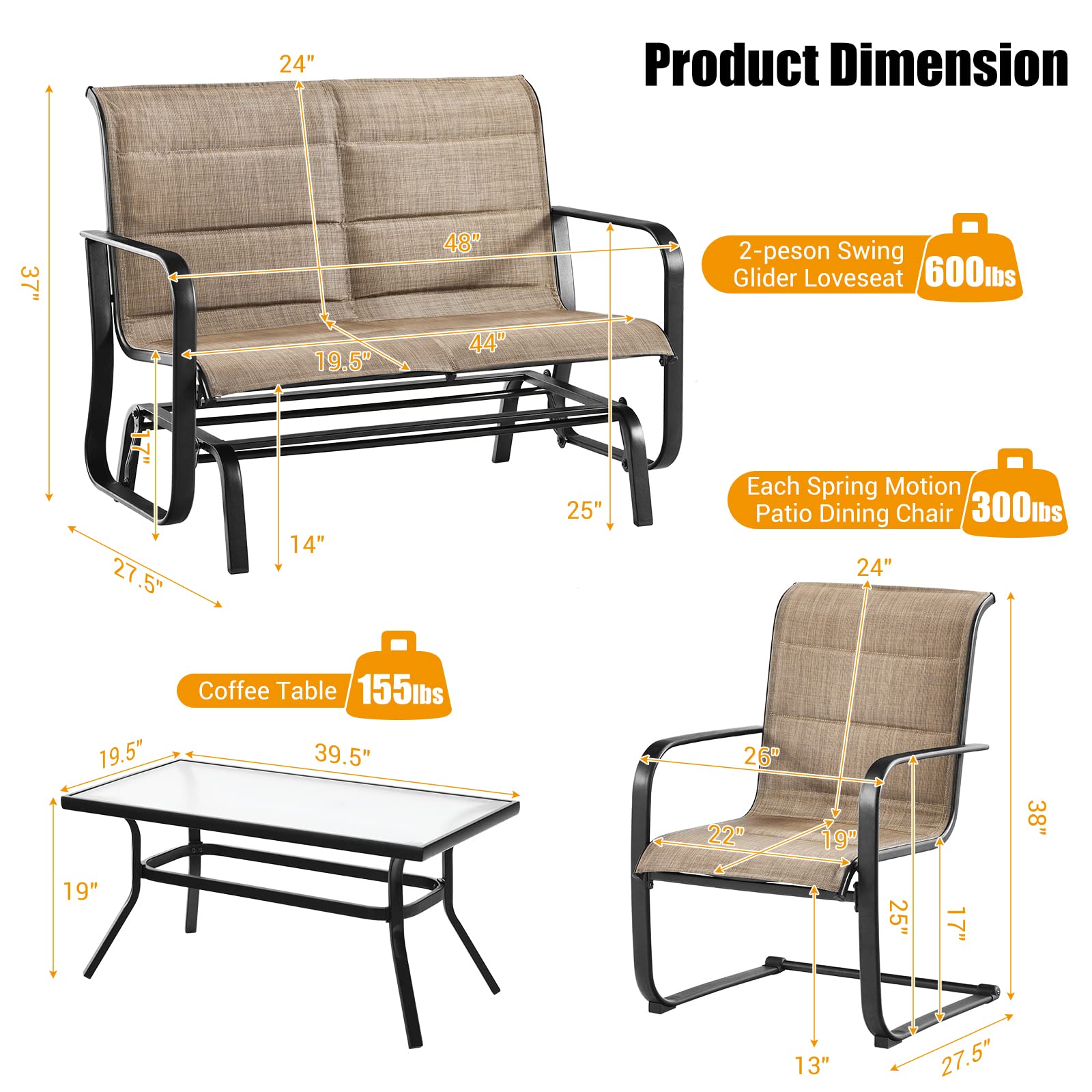 Brown 4-Piece Metal Outdoor Patio Conversation Set with Padded Glider Loveseat and Coffee Table