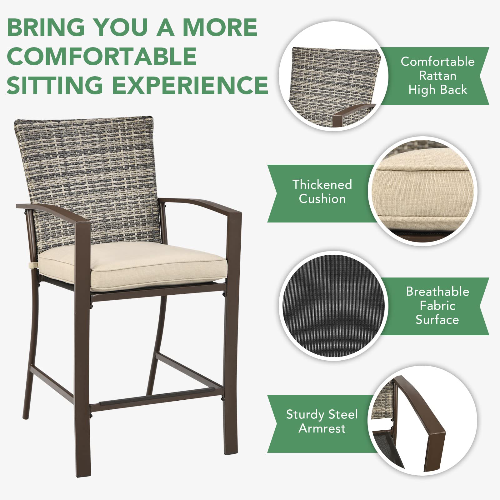 3-Piece Brown Frame Wicker Outdoor Bistro Set with Beige Cushions
