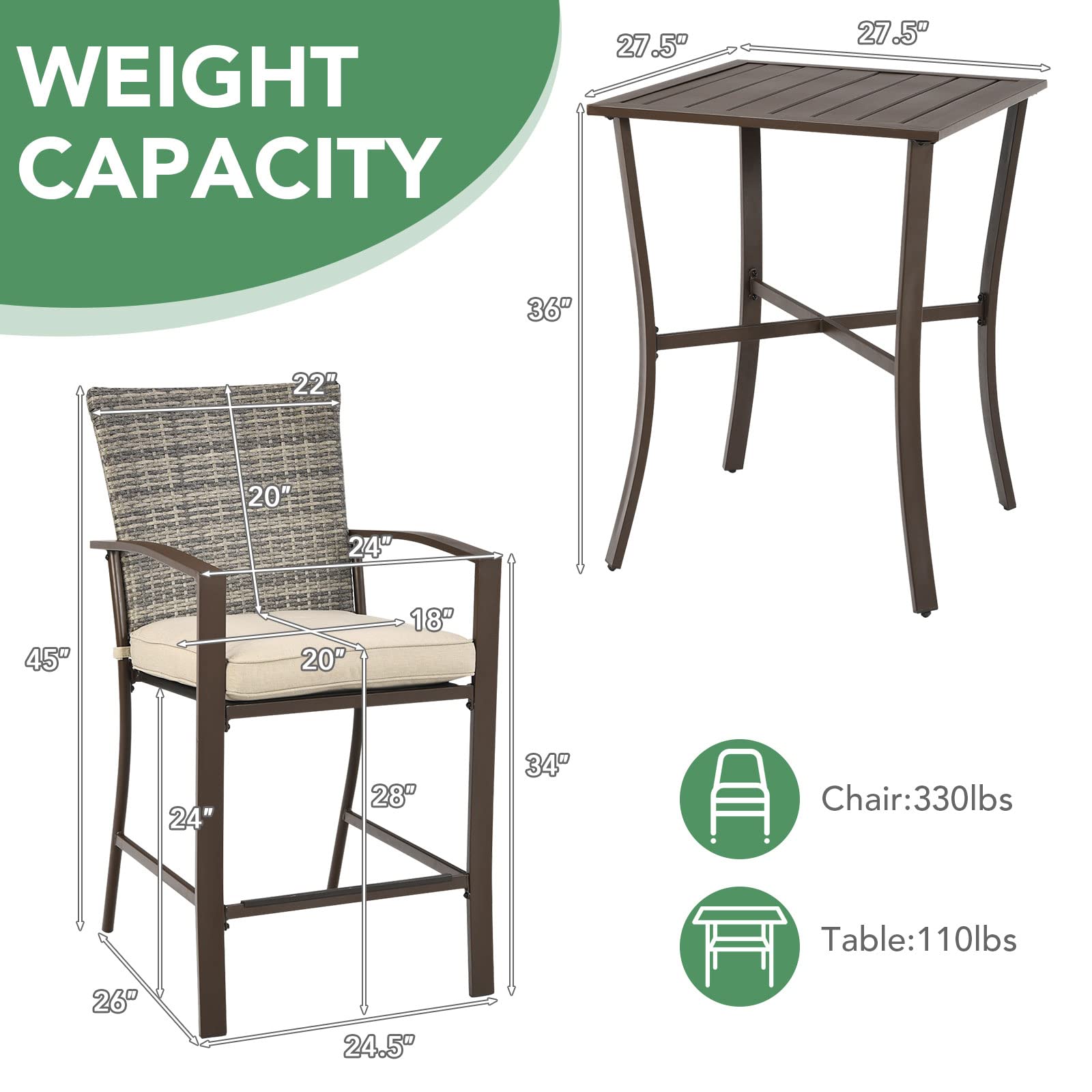 3-Piece Brown Frame Wicker Outdoor Bistro Set with Beige Cushions